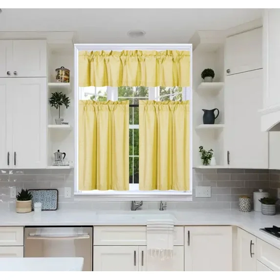 Gorgeous Home Linen 3pc Kitchen Window Curtain Set Foam Lined Rod Pocket Faux Silk 2 Tiers 1 valance Solid Color Yellow