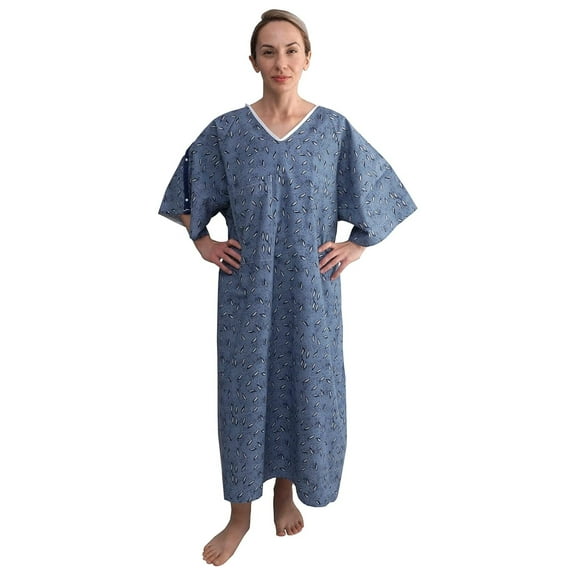 3 PK 3XL Hospital Gown  Blue Leaf Print V-Neck Unisex Patient Robe with Steel IV Shoulder Snaps Fits Men to 2XL & Women to 3XL