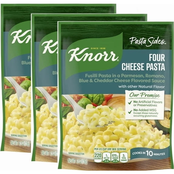 3 PK Knorr Four Cheese Pasta Sides, Cooks in 10 Minutes, No Artificial Flavors, No Preservatives, No Added MSG 4.1 Oz