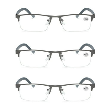 3 PK Men's Blue Light Blocking Reading Glasses - Rectangular Metal Half-Frame - Spring Hinge Readers +0.75
