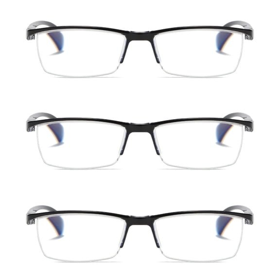 3 PK Mens Reading Glasses Readers - Rectangular Half-Frame - Lightweight & Spring Hinge - Block Harmful Blue Light +2.00