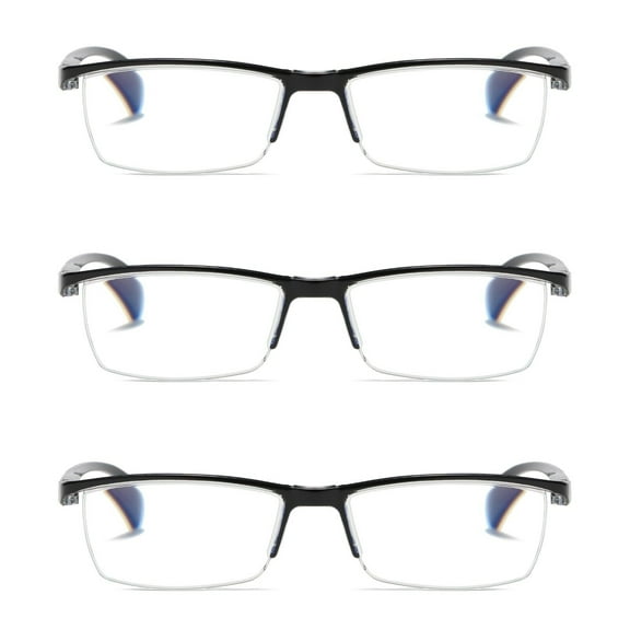 3 PK Mens Reading Glasses Readers - Rectangular Half-Frame - Lightweight & Spring Hinge - Block Harmful Blue Light +2.75