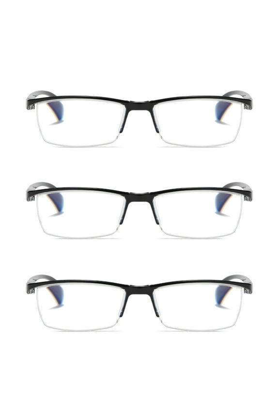 3 PK Mens Reading Glasses Readers - Rectangular Half-Frame - Lightweight & Spring Hinge - Block Harmful Blue Light +3.00