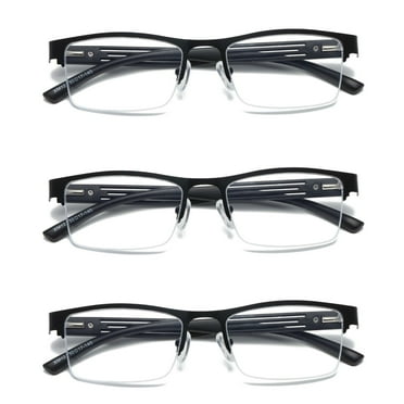 3 PK Mens Reading Glasses Spring Hinge - Square Metal Half-Frame - Blue Light Blocker Readers +0.75