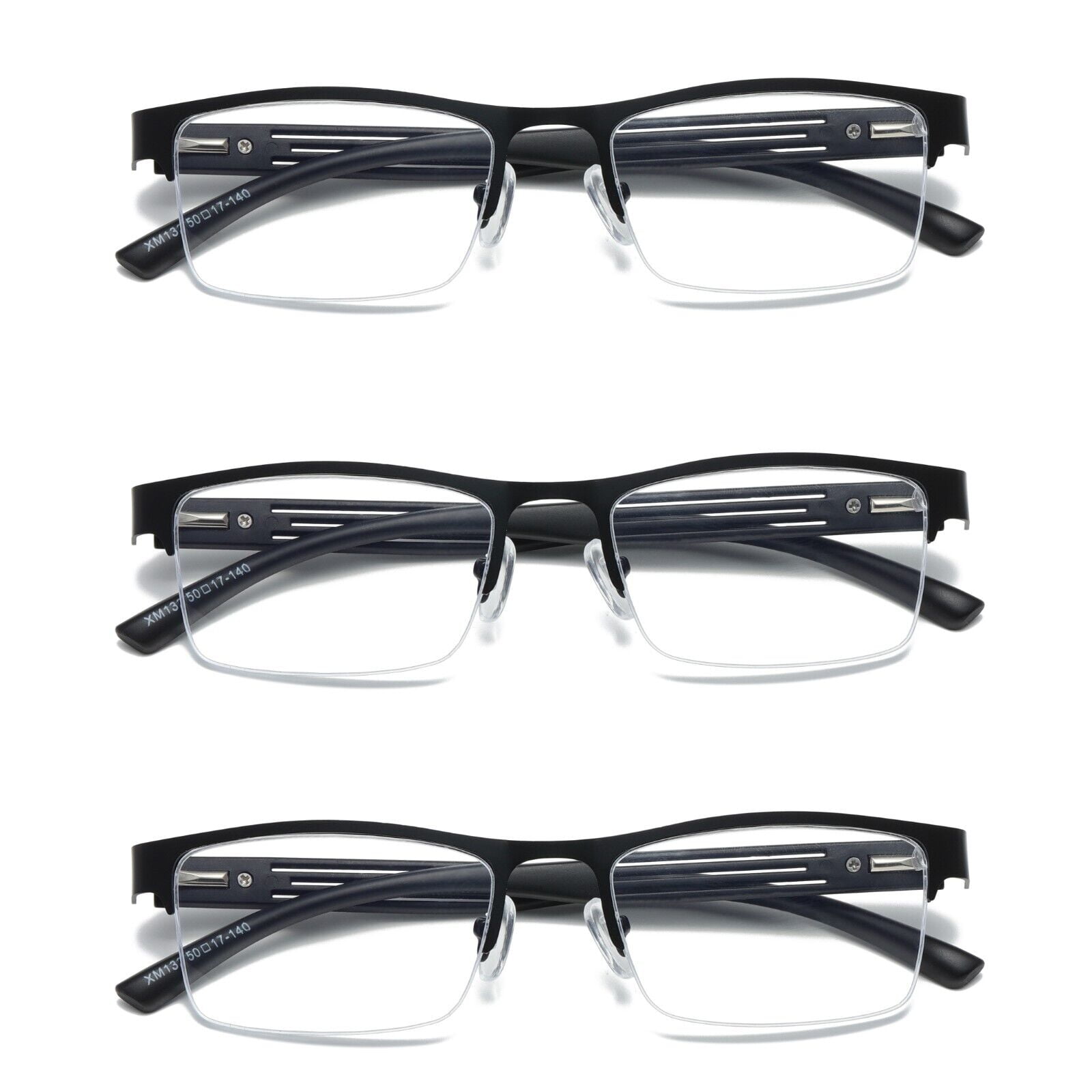 3 pk mens reading glasses spring hinge square metal half frame blue