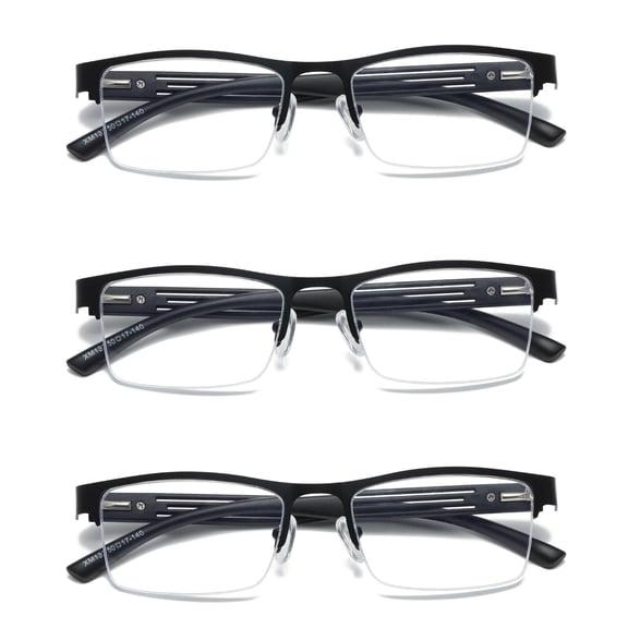 3 PK Mens Reading Glasses Spring Hinge - Square Metal Half-Frame - Blue Light Blocker Readers +1.75