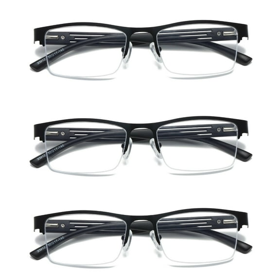 3 PK Mens Reading Glasses Spring Hinge - Square Metal Half-Frame - Blue Light Blocker Readers +3.00