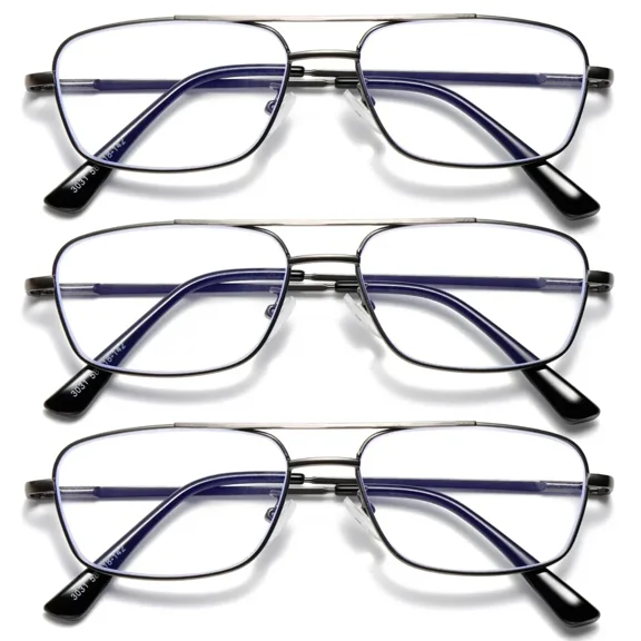 3 PK Mens Retro Aviator Reading Glasses Metal Frame Blue Light Blocking Readers