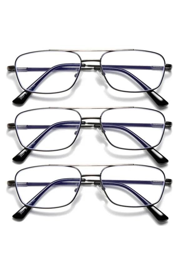 3 PK Mens Retro Aviator Reading Glasses Metal Frame Blue Light Blocking Readers
