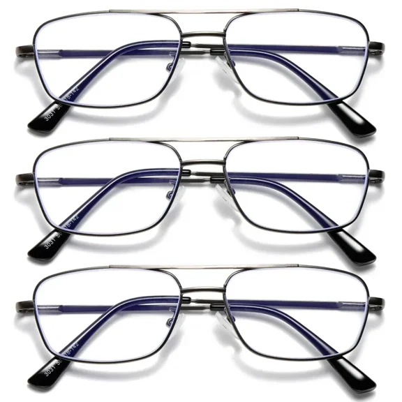 3 PK Mens Retro Aviator Reading Glasses Metal Frame Blue Light Blocking Readers