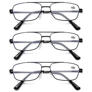 3 PK Mens Retro Aviator Reading Glasses Metal Frame Blue Light Blocking Readers