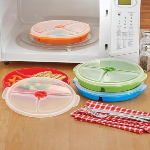 3 PK - Microwave Food Storage Travel Tray Containers - Portion Control - 3 Section Compartment Divided Plates with Vented Lid For Easy Reheat BPA Free Random Colors Shipped (3,assorted)