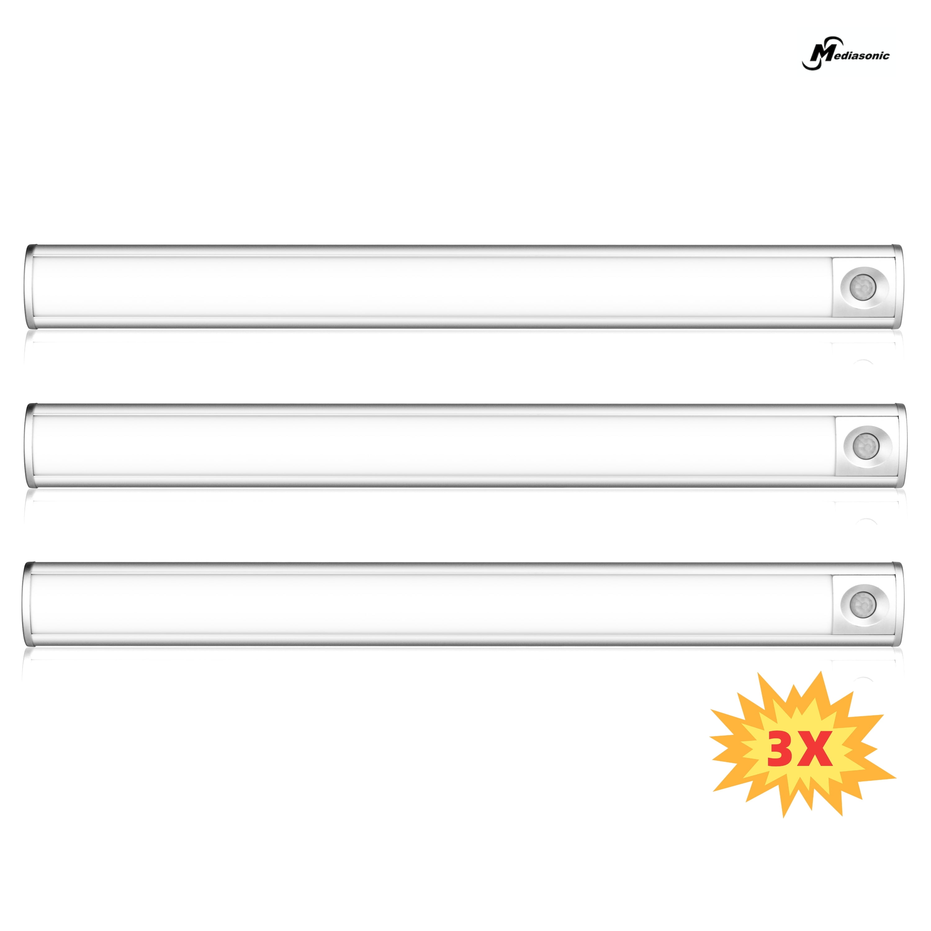 3 PK Motion Sensor LED Light for Under Cabinet Closet Kitchen Wardrobe 6500K Rechargeable Battery Powered Long 17 inch Length Aluminum Body (MLG-1042CL)