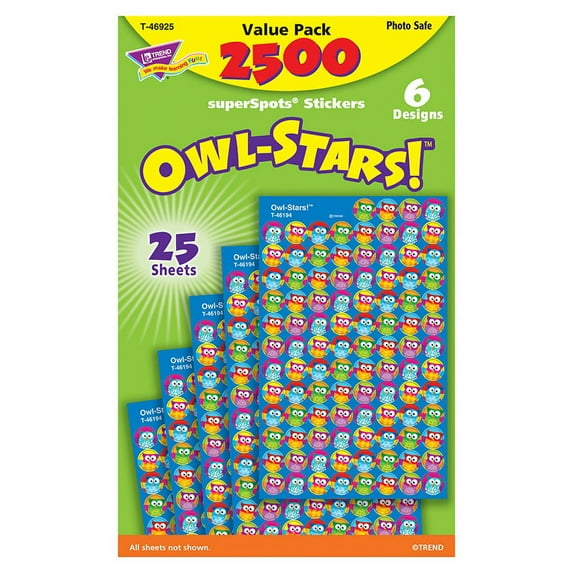 Trend Enterprises T-46925BN Owl Stars Superspots Stickers, 2500 Per Pack - Pack of 3