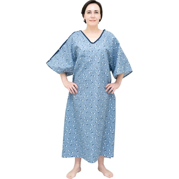 3 PK Pack Unisex Washable Hospital Gowns with IV Access & Telemetry Pocket Soft Fabric, Snaps On Shoulders Blue TriPoint Print  Fits up to 3XL