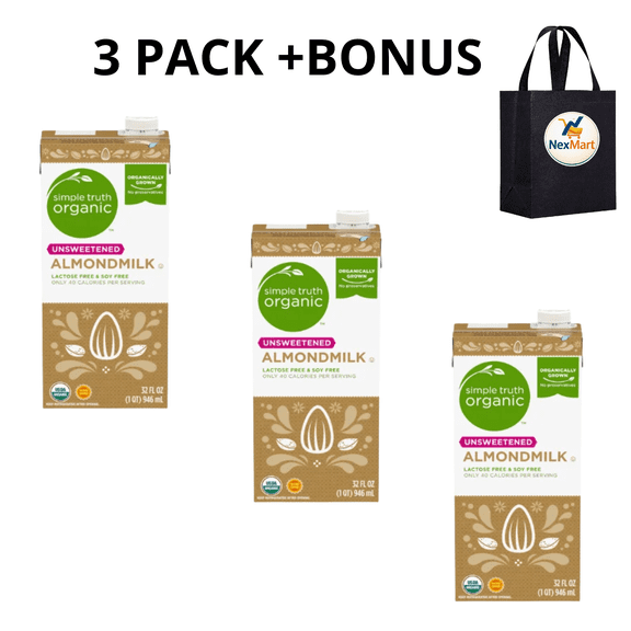 3 PK Simple Truth Organic Dairy Free Organic Shelf Stable Unsweetened Almondmilk Quart