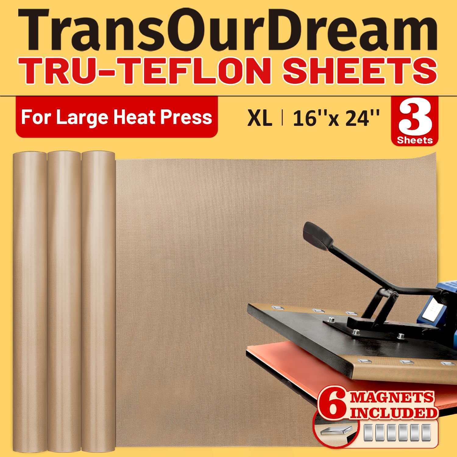 3 PTFE Teflon Sheets Size XL16 x 24" for Heat Transfer Paper and Sublimation Paper and 6 Magnets for Holding Heat Press Reusable Heat Resistant Non stick