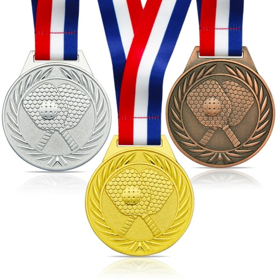 3 Pach Pickleball Medals - 2.56 Inch Gold Silver Bronze Metal Pickle Ball Medal with V Neck Ribbons for Kids Adults Trophy Award Prize Gift