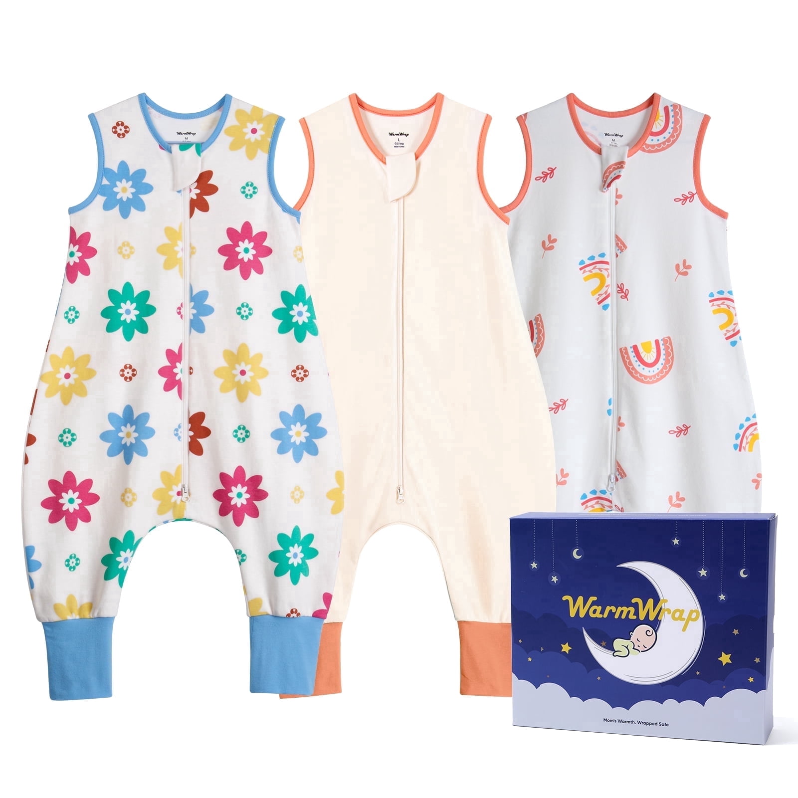 3 Pack-0.5 Tog Lightweight Summer Toddler Sleep Sack with Feet 6-12 Months 100% Cotton Breathable Sleep Sack with Legs 2-Way Zipper Wearable Blanket