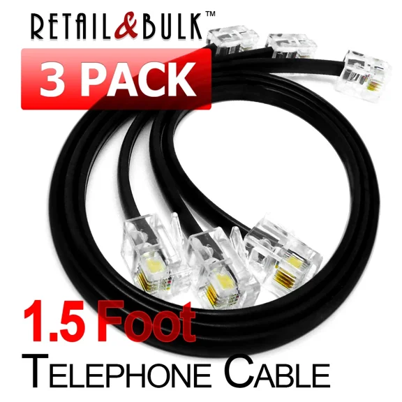 ( 3 Pack ) 1.5 Foot Telephone Cable Rj11 (6P4C) 18In Phone Line Cord, Black