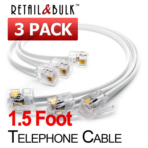 ( 3 Pack ) 1.5 Foot Telephone Cable Rj11 (6P4C) 18In Phone Line Cord, White