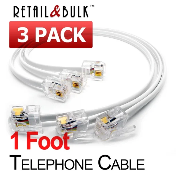 ( 3 Pack ) 1 Foot Short Telephone Cable Rj11 (6P4C) 12In Phone Line Cord, White