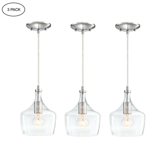 3-Pack 1-Light Kitchen Island Pendant Lighting Teardrop Clear Glass Pendant Light with Brushed Nickle Finish for Dining Room, Bar