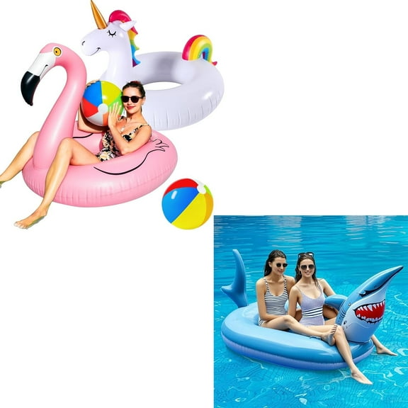 3 Pack - 1 Pack Inflatable Shark Pool Floats and 2 Pack Inflatable Pool Floats Flamingo Unicorn Swim Tube Rings for Adults Summer Swimming Pool Party Supplies