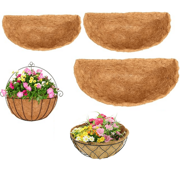 3-Pack 10" ,12'',14'',16'',18'' Hanging Basket Cocoa Liners Replacement - Natural Round Coconut Fiber Flower Pot Basket Liners for Hanging Basket Flowers