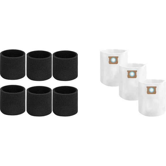 3-Pack 10-14 Gallon Disposable Filter Bags, 90662,Type F and 6-Pack Foam Filter Sleeve for Shop Vac 90585 90585-00,Fits Shop-Vac 10-14 Gallon Wet/Dry Vacuum Cleaners(3 Dust Bags+6 Foam Filters)