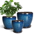 thumbnail image 1 of 6'' 8'' 10 inch Ceramic Planters Set of 3 with Drainage Hole and Saucer – Blue Glazed Pots for Indoor Succulents, Snake Plant, Fiddle Leaf Fig, Housewarming Gift, 1 of 8