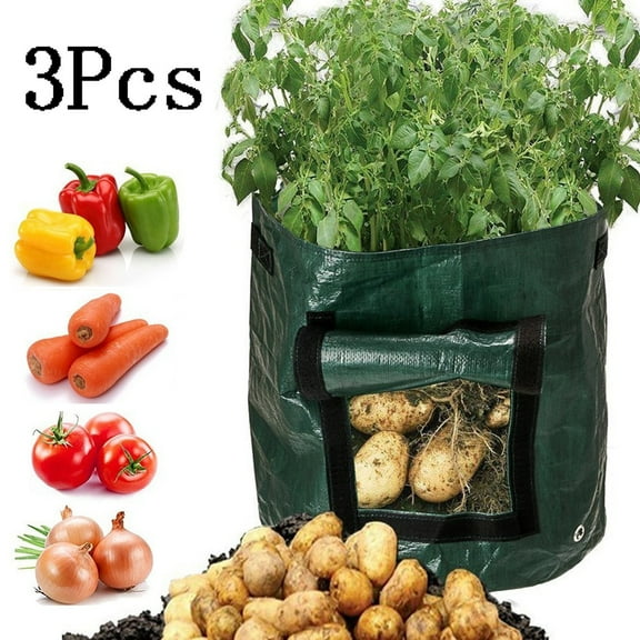 3 Pack 10 Gallon Garden Potato Grow Bags with Flap and Handles Aeration Fabric Planter Pots, Heavy Duty Potato Planters Garden Planting Bags for Onion, Fruits, Tomato, Carrot (Green)