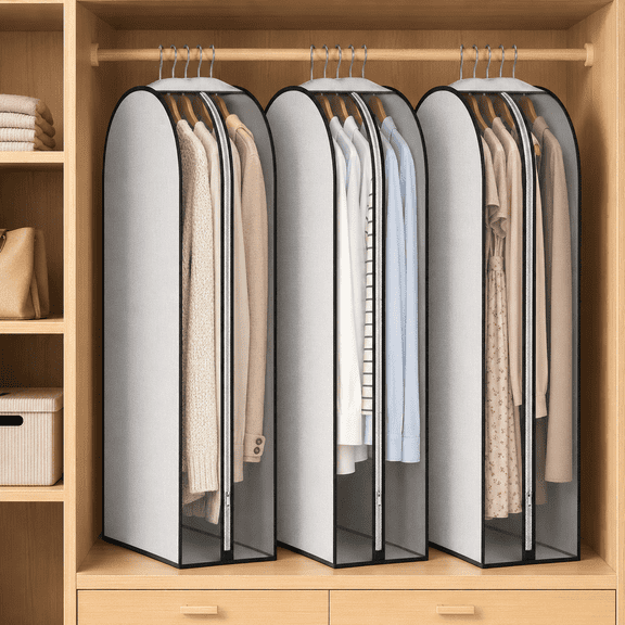 3 Pack 10” Gusseted Garment Bags for Hanging Clothes, 40” Clothes Storage Bags with Side Clear Window, Breathable Suit Bags for Coats, Dresses, Jackets, Shirts, Open Closet Clothing Covers, Grey