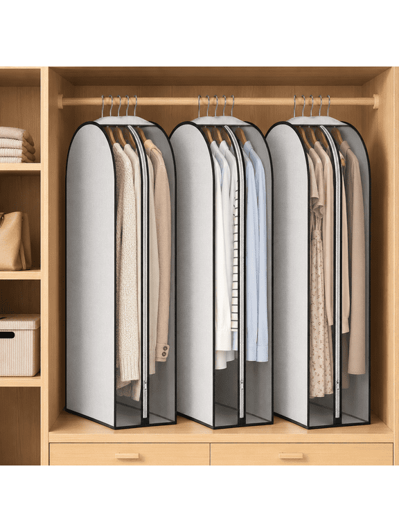 3 Pack 10” Gusseted Garment Bags for Hanging Clothes, 40” Clothes Storage Bags with Side Clear Window, Breathable Suit Bags for Coats, Dresses, Jackets, Shirts, Open Closet Clothing Covers, Grey
