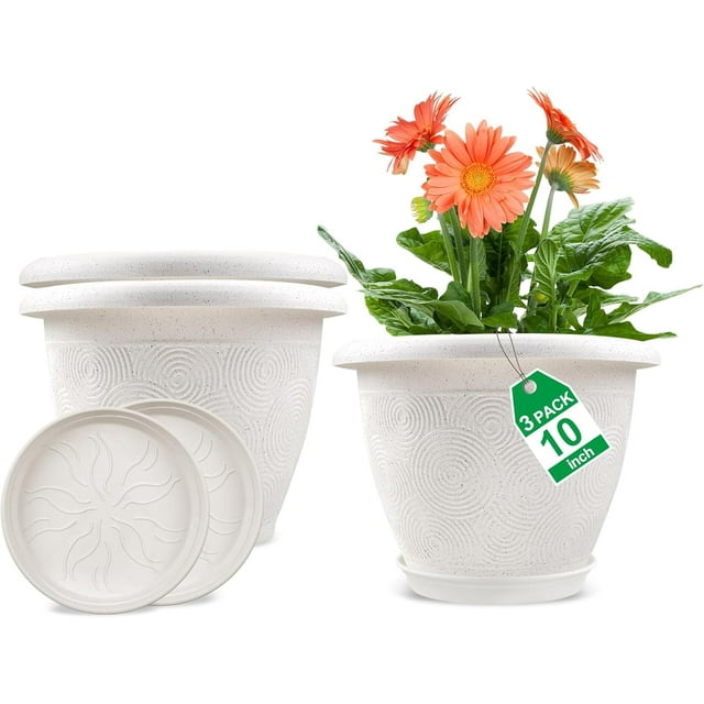 3-Pack 10 Inch White Plastic Plant Pots – Indoor/Outdoor Flower Planters with Drainage Holes & Saucers, Modern Decorative Set