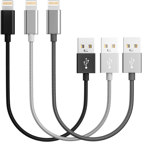 3 Pack 10 inch/25CM iPhone Charger,ACE iPhone Charging Cable, Nylon Braided Data Sync MFI Certified Charger Cord for iPhone 11 Case/11 Pro/11 Pro Max/XS/XS Max/XR/X/8, iPad Mini.Grey, Black, Silver