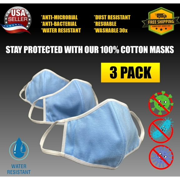 3 Pack - 100% Cotton Face Cover - Washable | Reusable | Three Layers | Unisex - BLUE