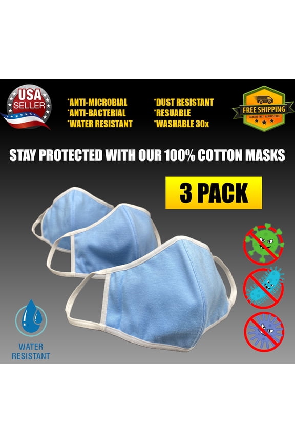 3 Pack - 100% Cotton Face Cover - Washable | Reusable | Three Layers | Unisex - BLUE
