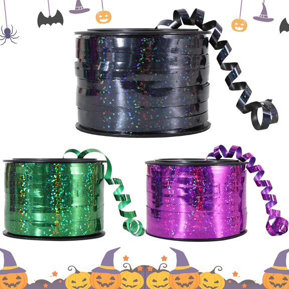 3 Pack 100 Yards Black Green Purple Halloween Curling Ribbon Balloon String Gift Wrapping Ribbon for Halloween & Birthday Parties, Holiday Decorations​