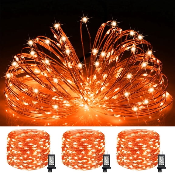 3-Pack 100LED Plug-in Fairy Lights, 33Ft Orange Twinkle Firefly String Lights with Adapter, Starry Lights for Halloween Decoration
