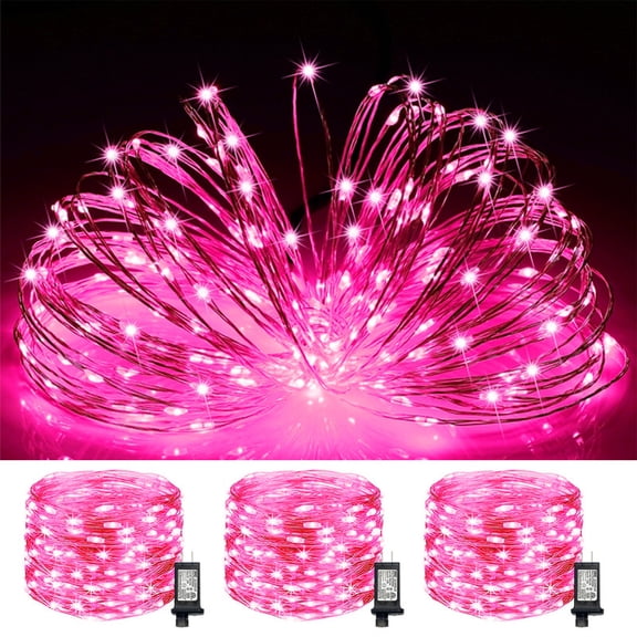 3-Pack 100LED Plug-in Fairy Lights, 33Ft Pink Twinkle Firefly String Lights with Adapter, Starry Lights for Valentine's Day Decoration