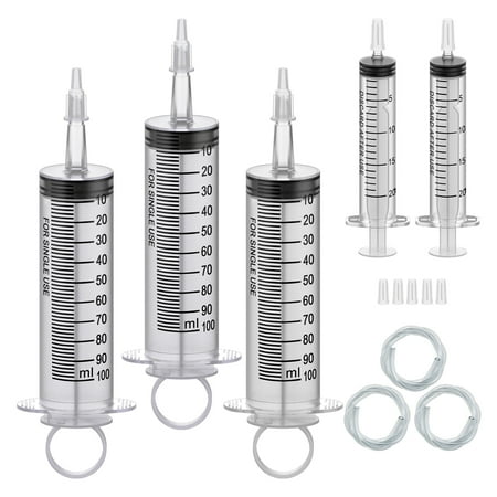 3 Pack 100ML Large Syringe and 2 Pack 20ML Plastic Syringes with Tip Adapter&Soft Tube, Sterile Individually Sealed Large Capacity Syringe Tools for Science Labs, Industrial, Gardening