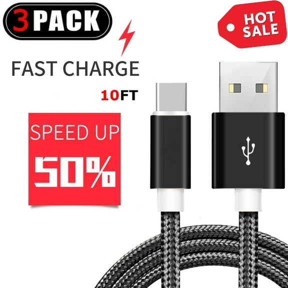 3-Pack 10FT Black Type C USB-C Charger Cable Cord 3A Fast Samsung Galaxy S23 S22 S21 S20 S10 S9, LG