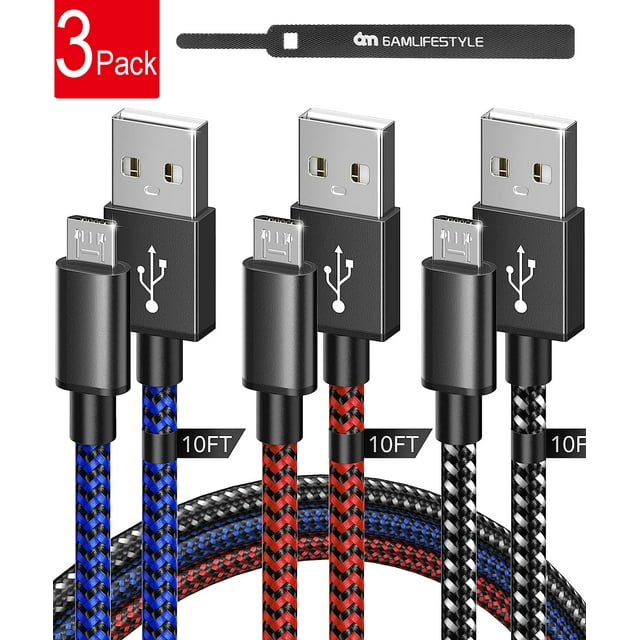 [3 Pack 10FT] PS4 Controller Charger Charging Cable Nylon Braided Micro USB High Speed Data Sync Cord Compatible with Playstation 4, PS4, Xbox One S/X Controller, Android Phones (Black&Blue&