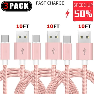 3-Pack 10FT Pink Type C USB-C Charger Cable Cord 3A Fast Compatible for Samsung Galaxy S23 S22 S21