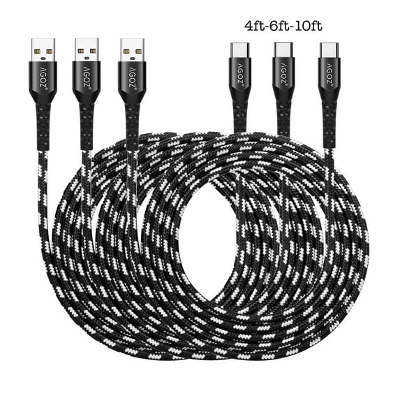 3 Pack 10ft Braided Type-C USB FAST Charging Charger Cable Cord for Galaxy S24, S23, S22, S21, S20, S10, S9, Note 20, 10, 9, A11 A10e A12 A13 A14 A2