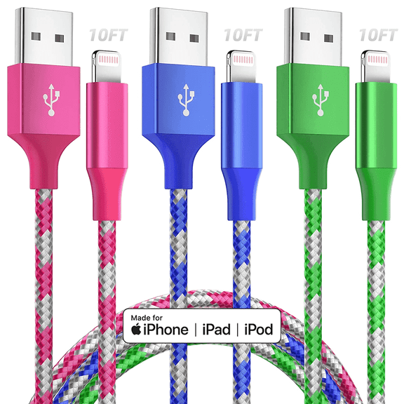 Simtlad 3 Pack 10ft Nylon Braided Fast Charging Cable Compatible with iPhone 14 13 12 11 X and more