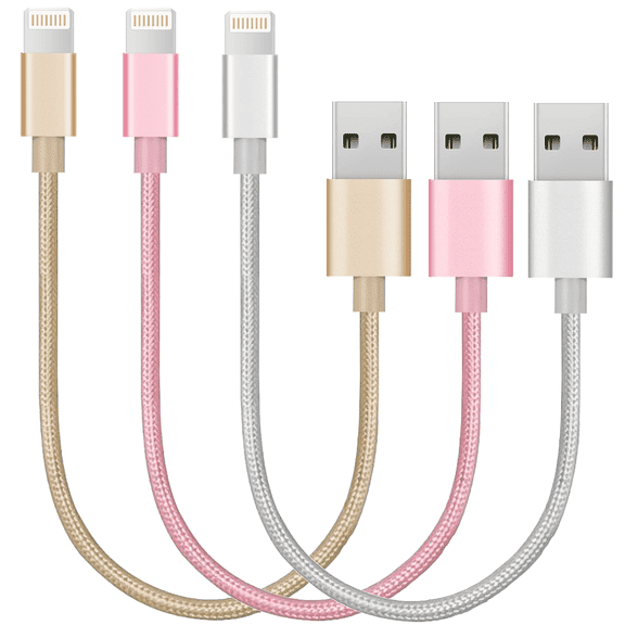 [3 Pack] 10inch Short MFI Certified Phone Charger Cable - Heavy-Duty Durable Braided Data Sync Lightning to USB Charging Cables Cords for iPhones - Pink, Silver, Gold