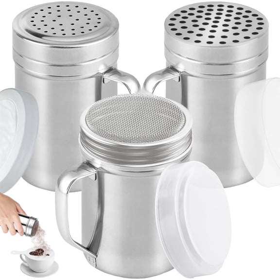 3 Pack 10oz Stainless Steel Dredges With Handle - Fine Mesh + Medium Holes + Large Holes for for Seasonings Soda Flour Cocoa