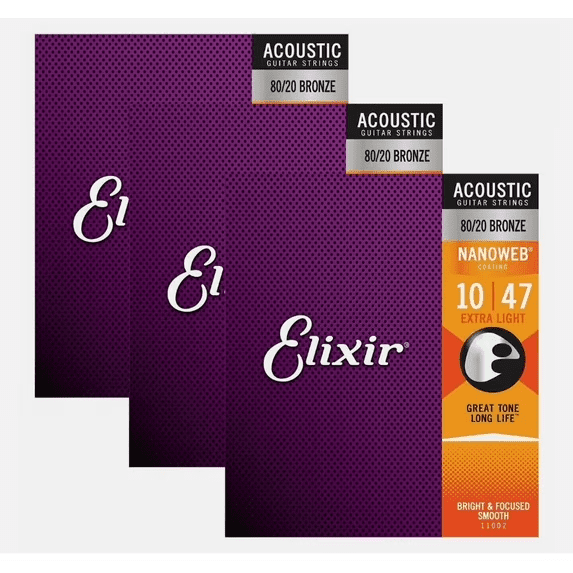 3 Pack 11002 Acoustic Guitar Strings, 10-47 Extra Light 80/20 Bronze with Nanoweb Coating